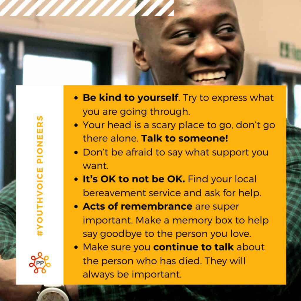 Supportive man smiling, promoting mental health and remembrance.