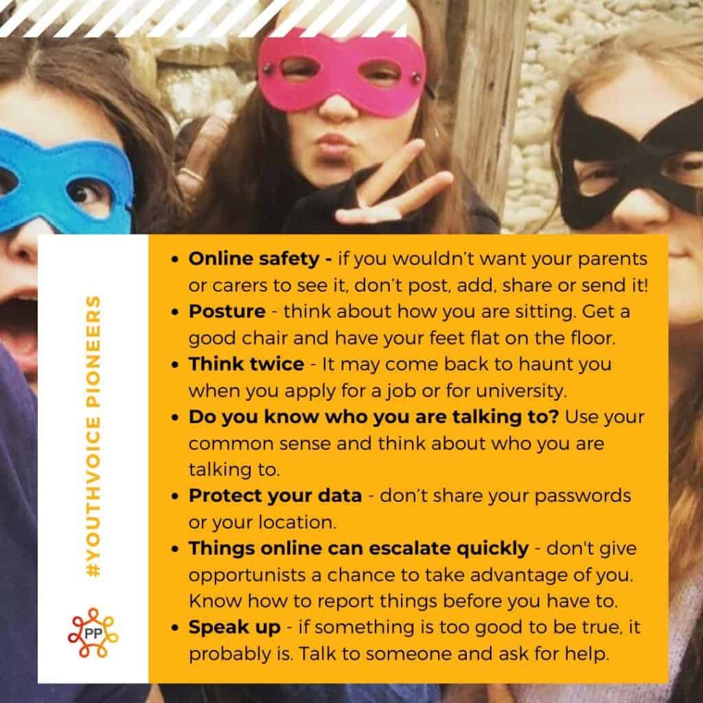 Young people wearing masks discussing online safety and responsible behaviour.