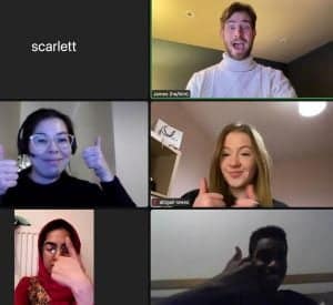 Group of diverse young people participating in a virtual meeting online.