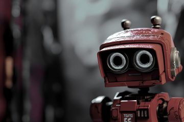 AI and human touch: robot with expressive eyes symbolising AI-human collaboration in future technolo.