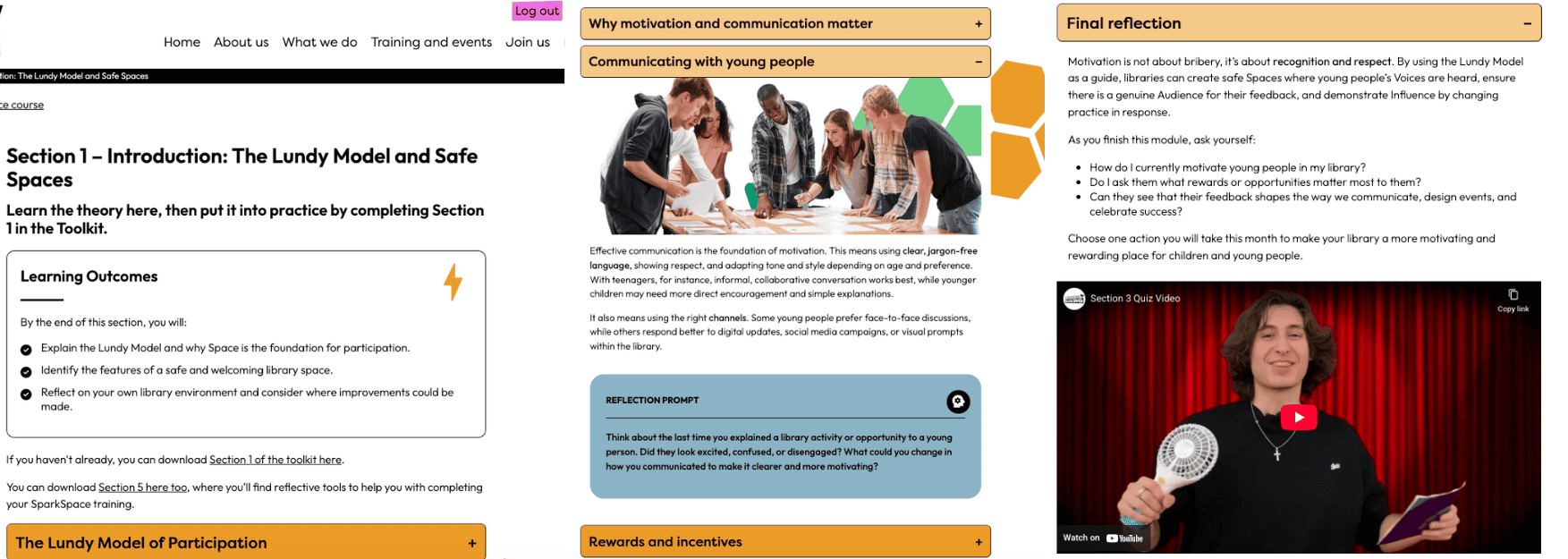 screenshots of the SparkSpace learning module co-produced with young people