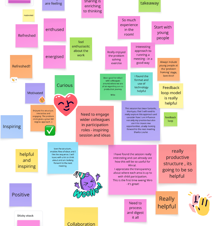 a virtual whiteboard covered in post-it notes with positive emotions written on them