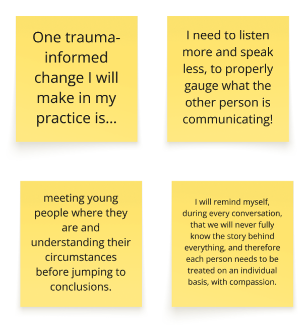 virtual post it notes with different learning takeaways written on them such as listening